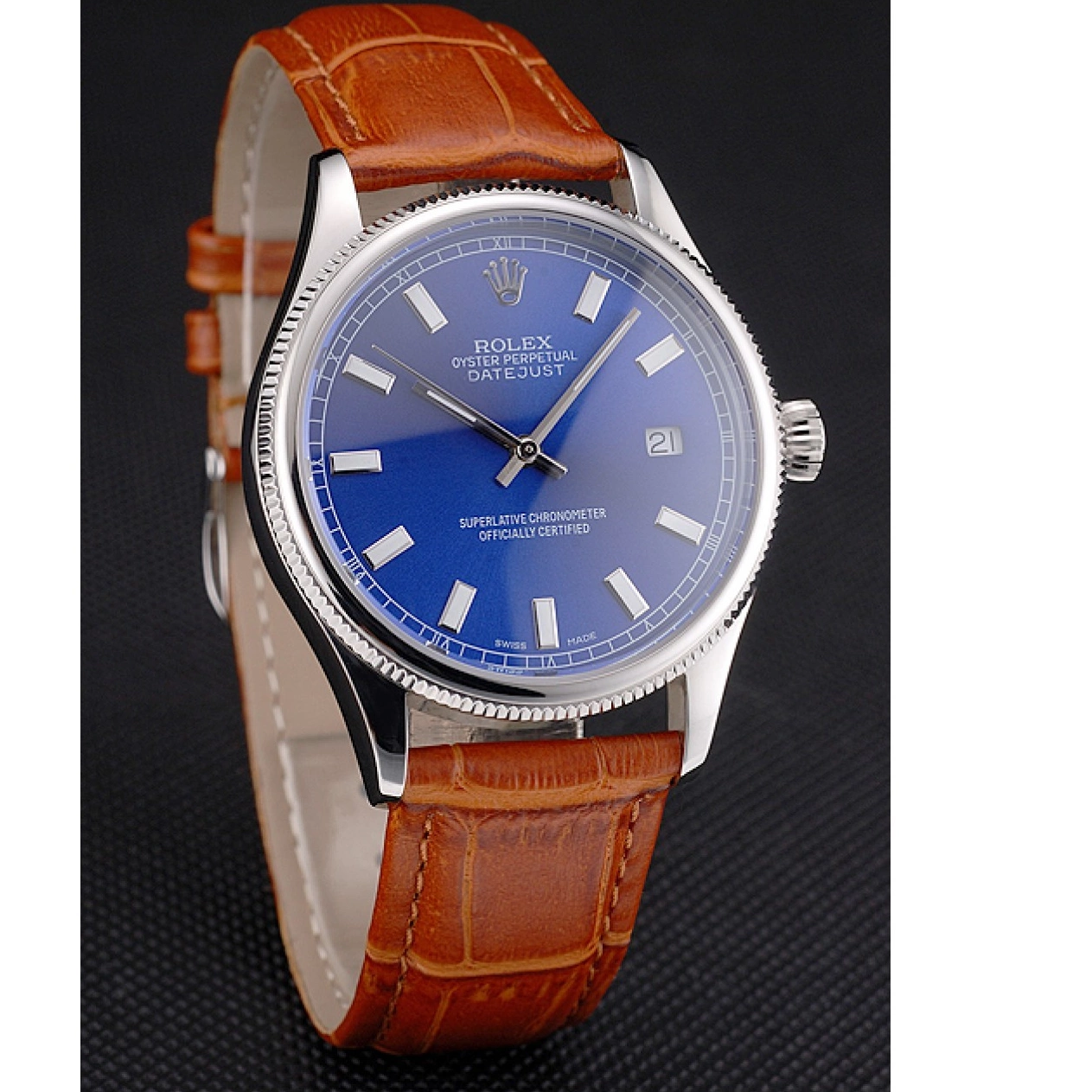 Aaa replica watch Case Leather Datejust Stainless Blue Swiss Brown Dial Steel Strap Rolex Light 0816
